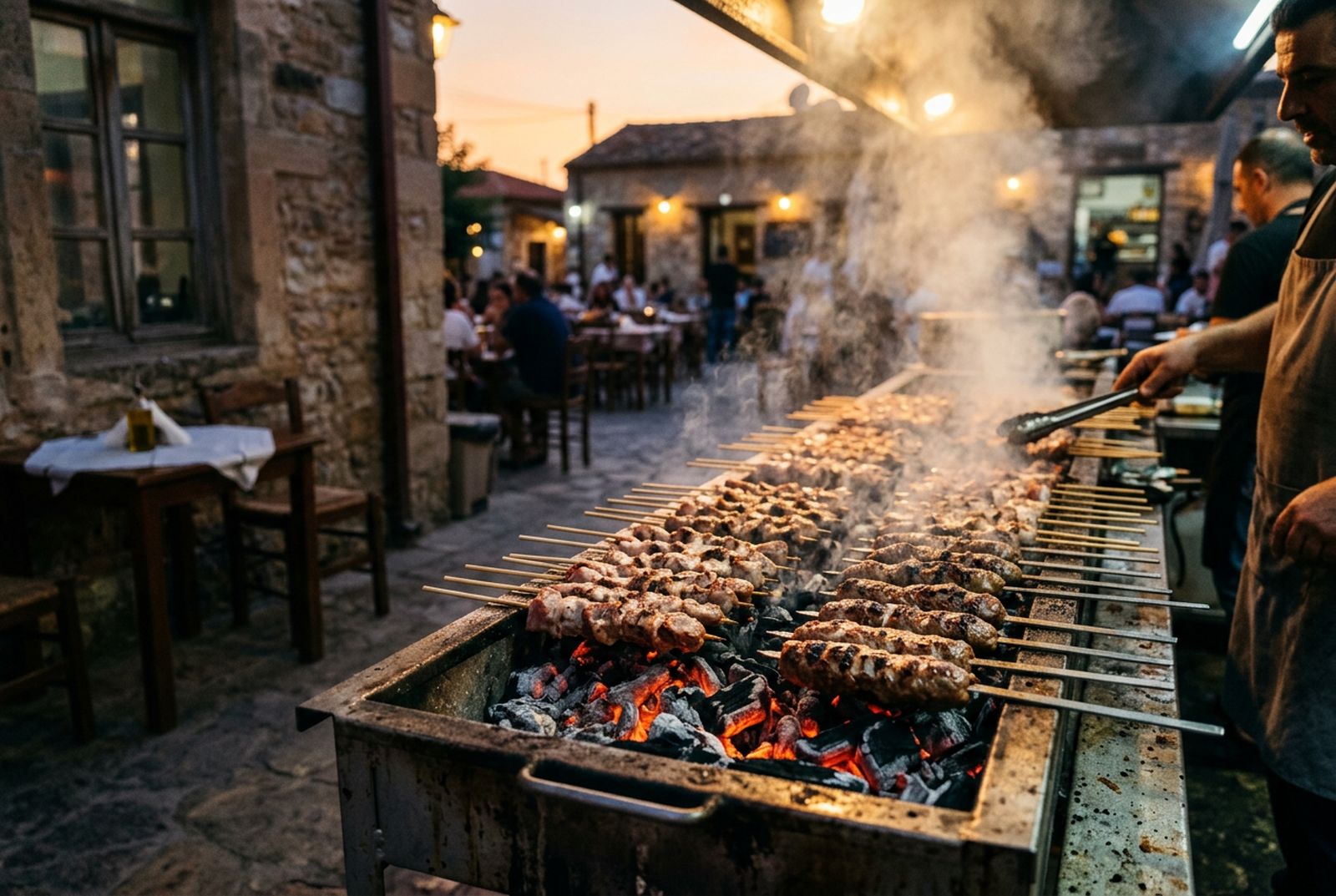 Souvlaki and sheftalia on a charcoal foukou at a village taverna (stand-in photo)
