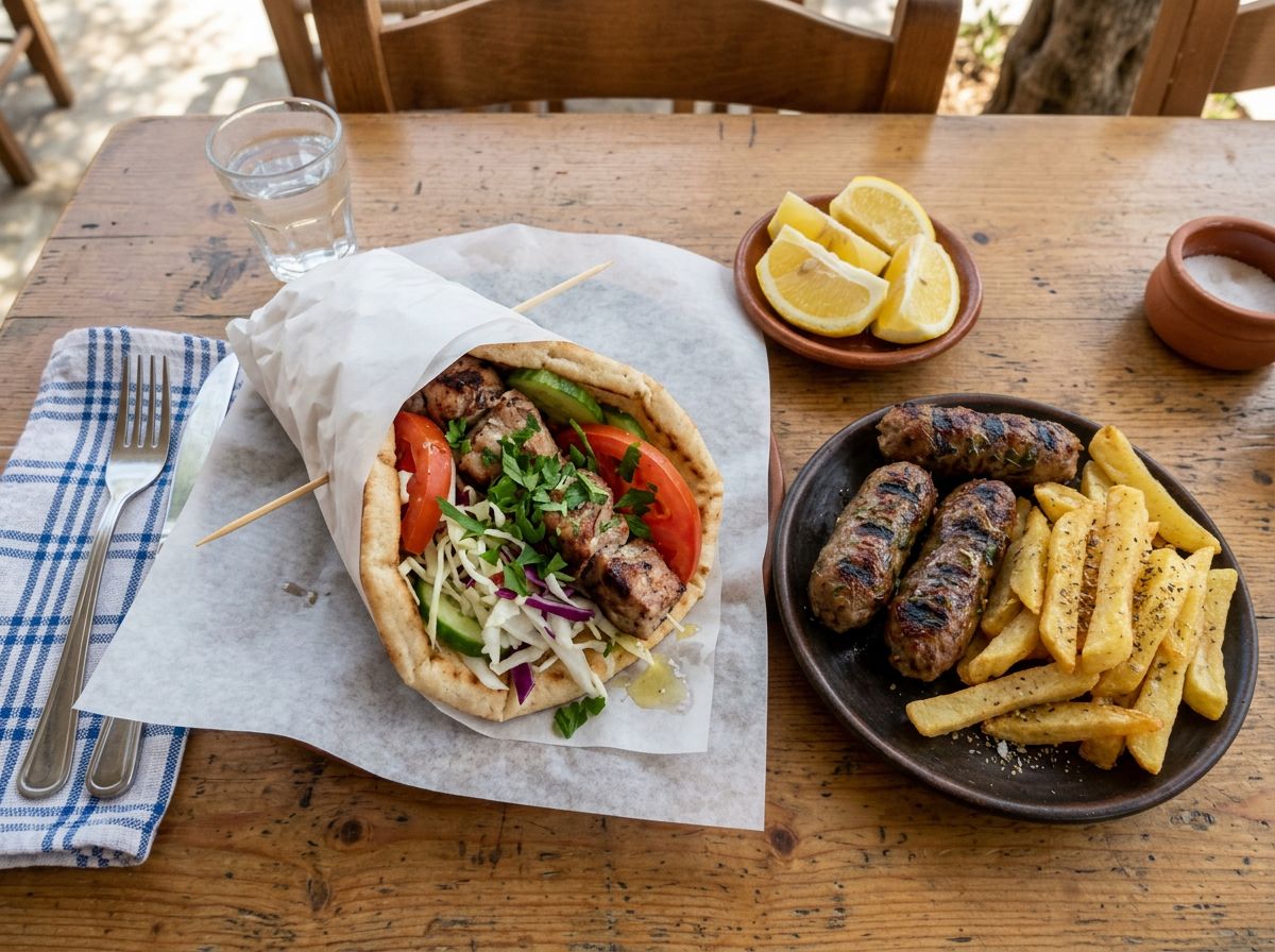 Souvlaki in pitta with salad, sheftalia, chips and lemon (stand-in photo)