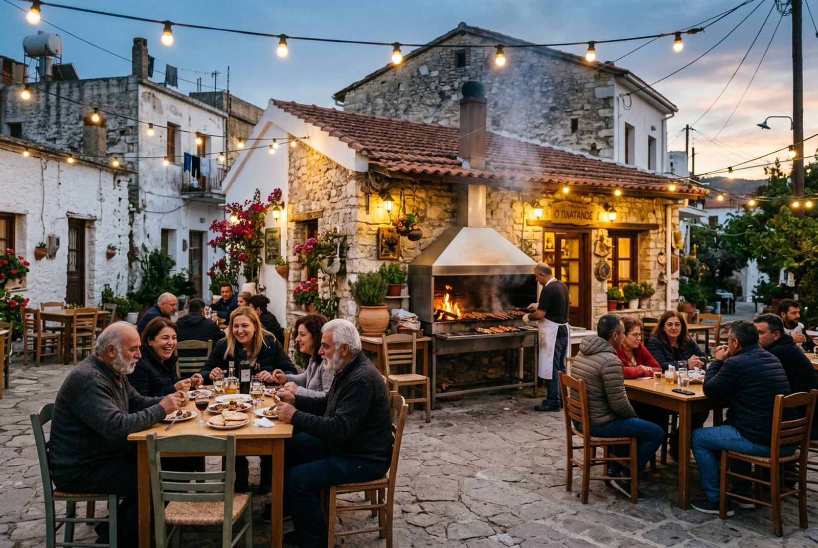 Outdoor tables at a village taverna in the evening (stand-in photo)